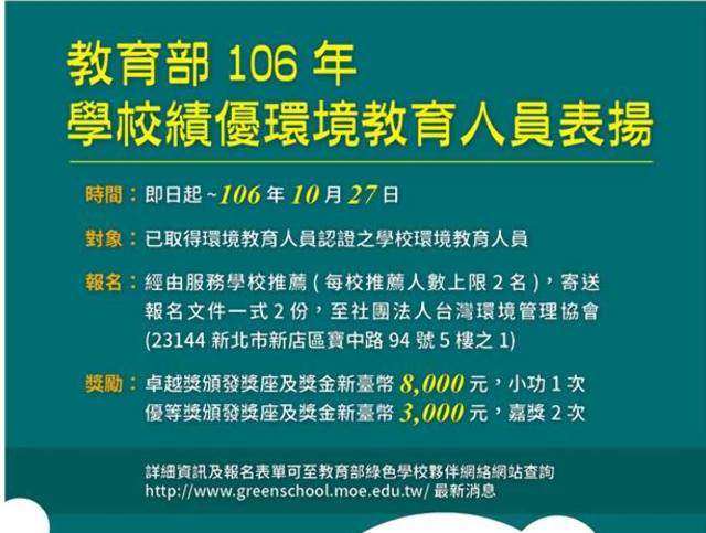 教育部106年學校績優環境教育人員表揚計畫比賽